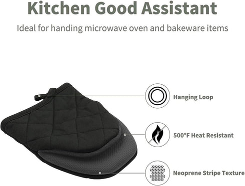 Mini Oven Mitts, 2 Pack Heat Resistant 300 ºF Little Oven Gloves Pot Holder Neoprene Cotton Trivet for Kitchen Cooking - Non-Slip Grip, Hanging Lo...