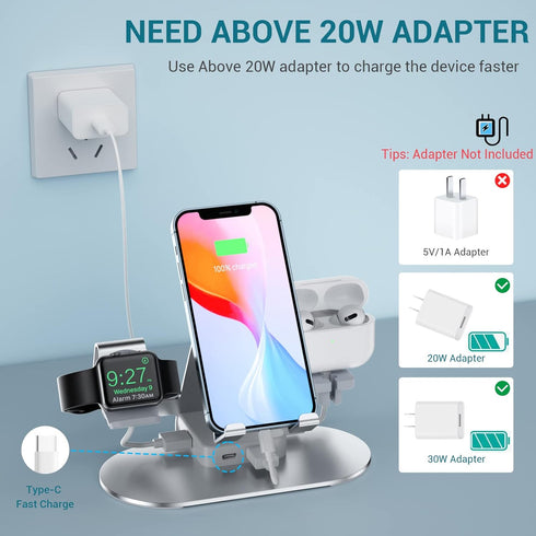 4 in 1 Charging Station for Multiple Devices Apple, Aluminum Apple Watch Charger Stand for iWatch Series, iPhone 14/13/12/11/X/8/7/6, iPad,Airpods...