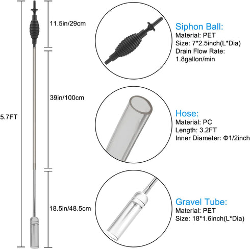 5.7FT Aquarium Siphon Vacuum Cleaner for Fish Tank Cleaning Gravel & Sand & Change The Water...