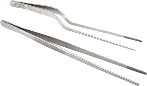 O'Creme Culinary Stainless Steel Tweezer Tongs Set of 2 - One 10 Inch Straight and One 8 Inch Offset (Silver)...