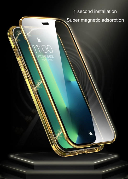Case for iPhone 13 Pro Max Screen and Camera Protector with Double Tempered Glass and Metal Frame Magnetic Cover - Blue...