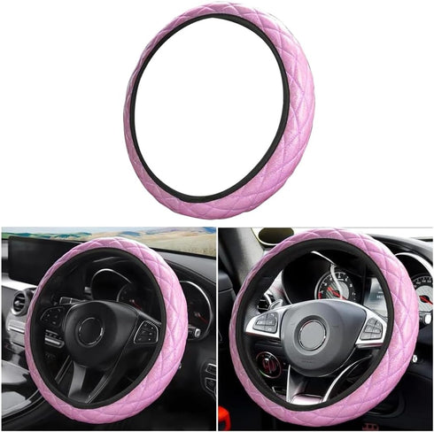 LoyaForba Bling Leather Steering Wheel Cover with Crystal Diamond, Universal 14.5-15 Inch Soft Anti-Slip Elastic Sparkly Protector for Steering Wh...