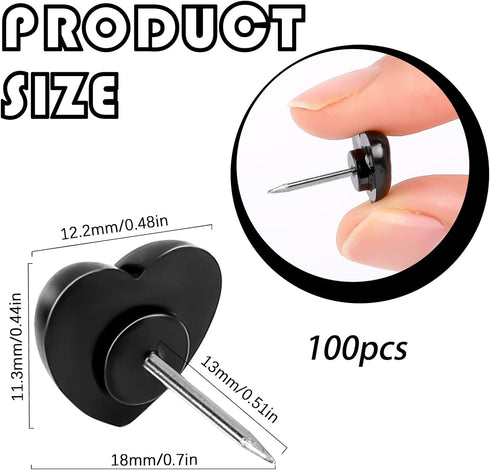 100pcs Push Pins, Plastic Pushpins Black Push Pins Heart Shaped Cute Thumb Tacks Decorative for Home School Office Notice Board Cork Board 0.47inc...