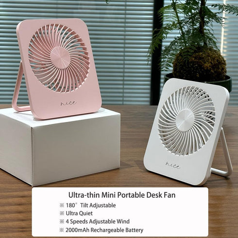 Desk Fan Battery Operated Portable Fan,2000mAh USB Rechargeable Fan, 4 Speeds Adjustable 180°Tilt Ultra-thin Mini Personal Fan For Home,Desktop,Ca...