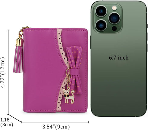 Uromee Girls Wallet Small Card Holder Women Purse Bifold Vegan Leather Zipper Coin Pocket Cute Cat Pendant Tassel...