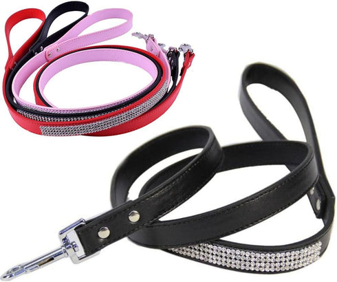 Scicalife PU Leather Dog Leash Training Walking Pet Leash Products Colorful Walking Leashes with Sparkly Studded Rhinestone for Cats or Dogs (Blac...