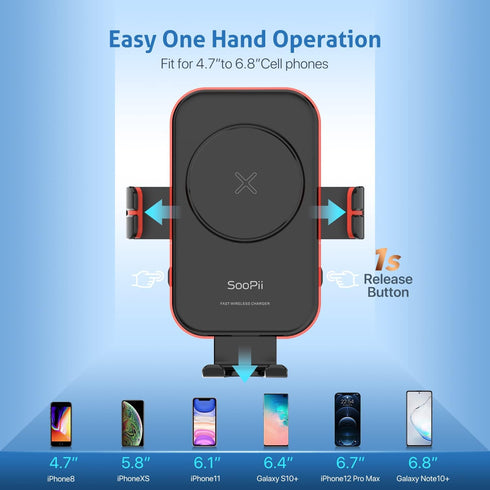 SOOPII Wireless Car Charger Mount, 15W Qi Fast Charging, Auto-Clamping,2 Styles Air Vent Phone Holder Included, Compatible with iPhone15/14/13/Pro...