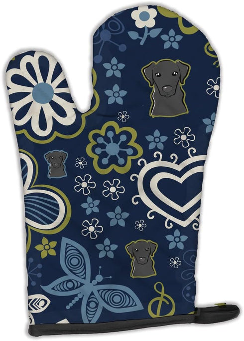 Caroline's Treasures BB5086OVMT Blue Flowers Black Labrador Oven Mitt Heat Resistant Thick Oven Mitt for Hot Pans and Oven, Kitchen Mitt Protect H...