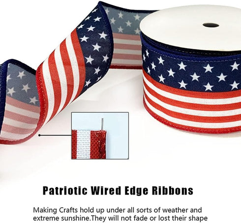 Patriotic America Flag Ribbons 2.5" * 10 Yards, Patriotic Stars and Stripes 4th of July Wired Edge Burlap Ribbon, White, Red, Blue Ribbon for Labo...