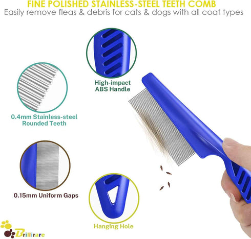 4 Pack Flea Lice Comb, Stainless Steel Dog Cat Grooming Combs with Rounded Teeth, Double Sided Professional Pet Tear Stain Remover, Dematting Tool...