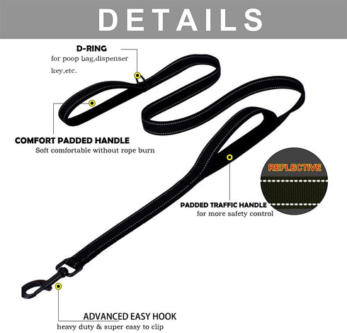 3M Reflective Dog Leash 5ft Long with Traffic Padded Handle, Dog Training Leash Heavy Duty,Double Handle Lead for Large or Medium Dog Black...