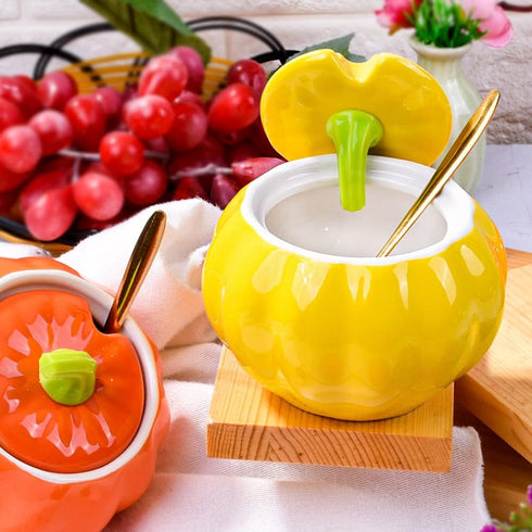 Sugar Bowls with Lid and Spoons, Pumpkin Shape Ceramic Sugar Bowl with Sugar Spoon and Lid for Home and Kitchen, Elegant Design, Yellow, 10.5 OZ (...