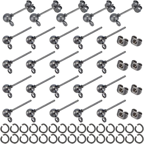 UNICRAFTALE 100 Sets Ball Stud Earring Findings Gunmetal Ball Post Stud Earring Metal DIY Earring Accessories with Jump Rings and Ear Nuts 6.5mm R...