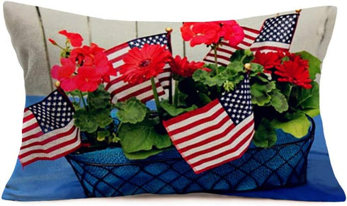 Stars and The Stripes American Flag Throw Pillow Covers Bright Red Daisy Patriotic Plant Cotton Linen Independence Day Home Sofa Pillowcase Cushio...