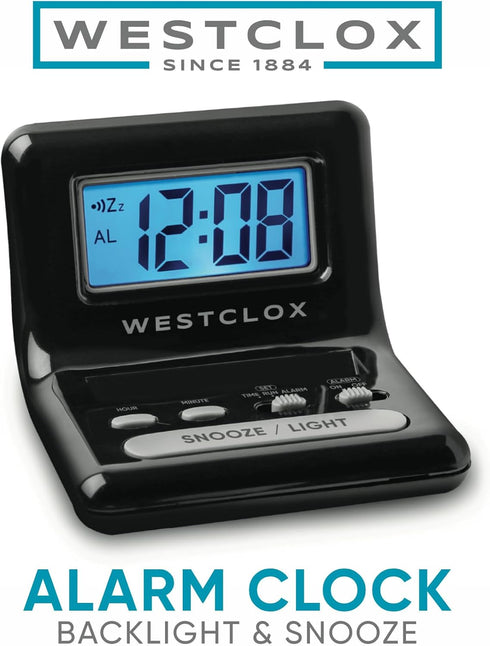 Westclox LCD Digital Bedside Alarm Clock with Blue Backlit Display and Snooze Function, Battery Operated, (Black, 3-Inch)...