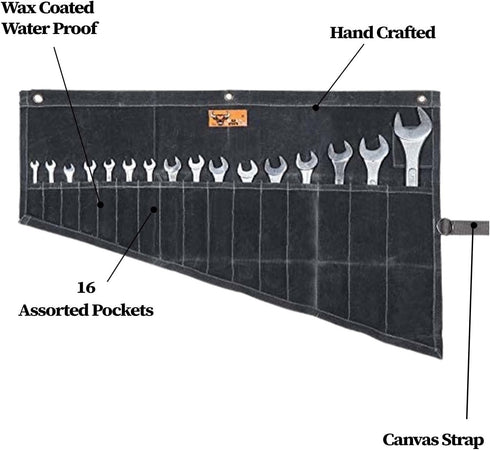 16 Pocket Wrench Roll Up Pouch Metric & Standard Wrench Set Organizer & Roll-Up Pouch Tool Bag Hand Made of 100% Cotton Full Waxed Canvas - Coal B...