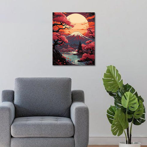 Mount Fuji Paint By Number for Adult Japan Landscape Paint By Numbers Kits DIY Moon Painting Artwork Pink Cherry Blossoms Running Water Paint By N...