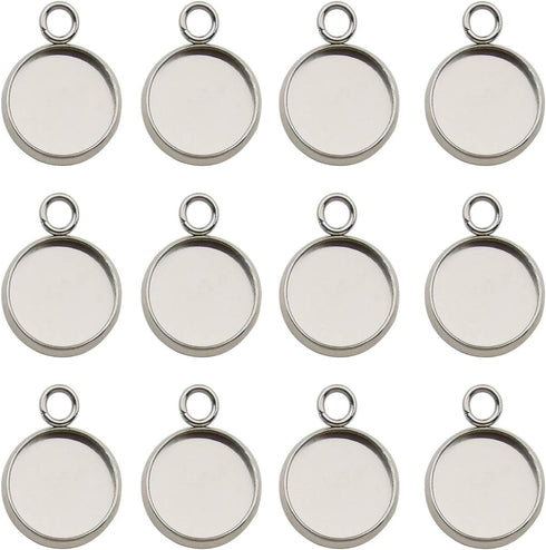 50pcs Fit 12mm Stainless Steel Round Blank Bezel Pendant Trays Base Cabochon Settings Trays Pendant Blanks for Jewelry Making DIY Findings (10162-...