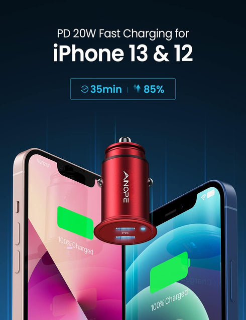 40W Car Charger Adapter, AINOPE Smallest USB C Car Charger Fast Charging, All Metal PD 3.0 Dual Port Car Charger, with LED Light Compatible with i...