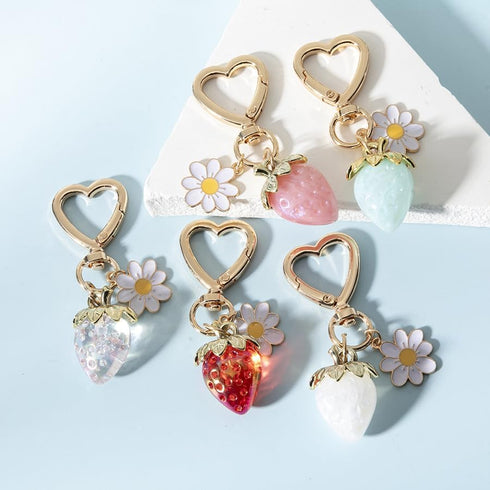 Cute Strawberry Daisy Keychain for Women Girls Bag Charms,Kawaii Flower Strawberry Summer Fruits Heart Key Chains...