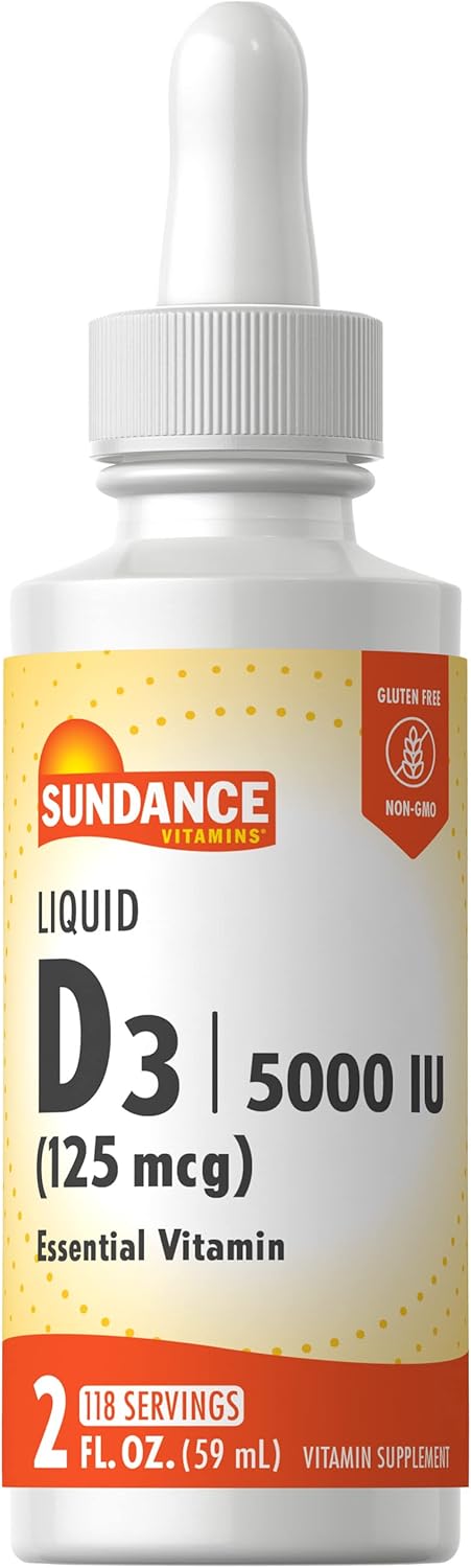 Vitamin D3 5000 IU (125mcg) | 2 Fluid Ounces | Essential Vitamin Liquid Drops | Vegetarian, Non-GMO, and Gluten Free Supplement | by Sundance...