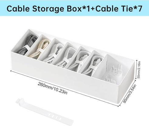 White Plastic Cable Organizer Box with Adjustment Compartments, Stackable Desk Accessories Storage Case with 7 Wire Ties for Drawer Supplies, Stat...
