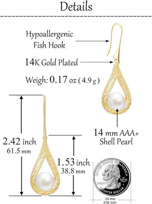 14MM Big Pearl Necklace and Earring Sets for Women Glod Plated Jewelry Set...