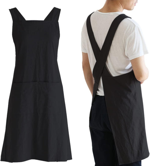 NEWGEM Japanese Linen Cross Back Kitchen Cooking Aprons for Men with Pockets for Baking Painting Gardening Cleaning Black...