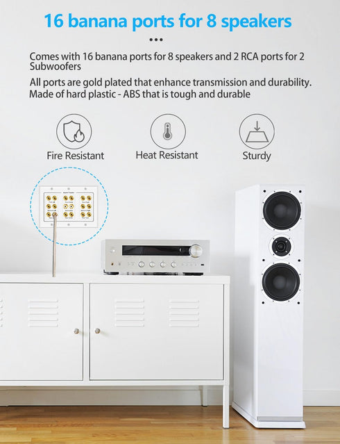 5 6 7.1/7.2 or 8.1/8.2 One or Two Subwoofer Compatible 16 Banana Post and 2 RCA Speaker Wall Plate for Home Theater Audio...