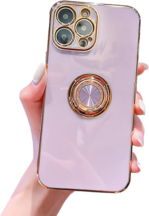 Case for iPhone 11 Pro Max Ring Holder Case with Diamond Shiny Plating Rose Gold Edge Built-in 360 Rotation Magnetic Kickstand for Women Girls Sli...