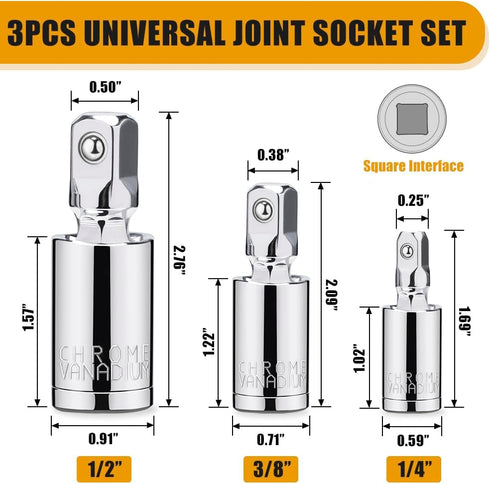 3PCS Universal Joint Socket Set, 1/4” 3/8” 1/2” Drive Swivel Socket Adapter Set, Premium Chrome Vanadium Steel Universal Joint Socket Adapter Suit...