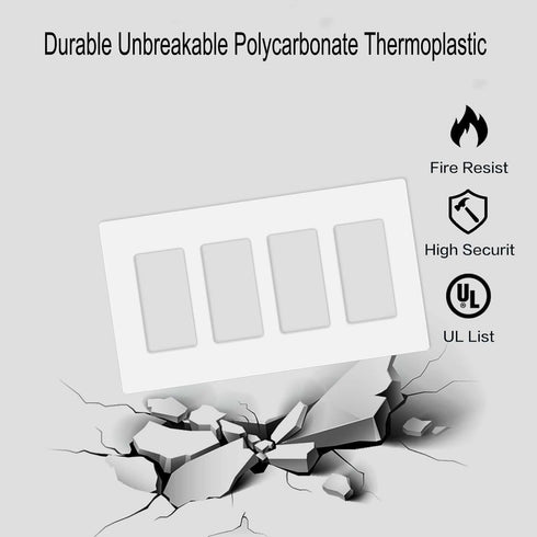 Screwless Decorator Wall Plates 4-Gang Switch Outlet Electrical Cover Pate Unbreakable Thermoplastic Faceplate for Decorative Receptacle Outlet Sw...