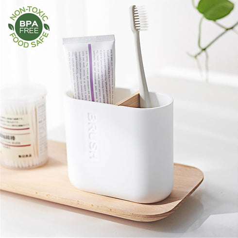 Toothbrush Holders Bamboo Electric Toothbrush Holder Bathroom Storage Organizer Countertop for Toothpaste, Floss, Razor, White...