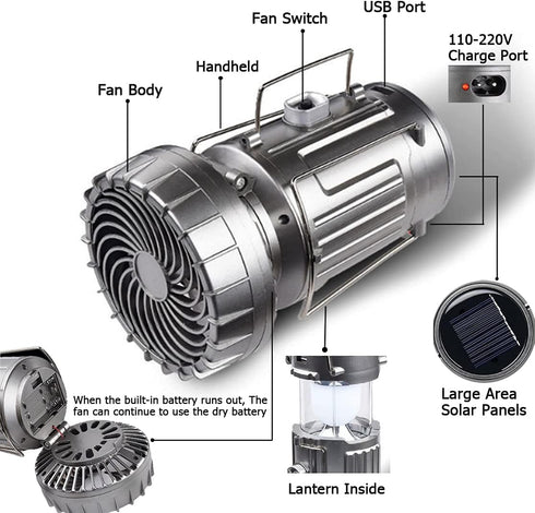 Solar Camping Lantern with Fan,Rechargeable LED Lanterns Charging for Phone, Battery Operated Light for Hurricane Power Outage Tent Emergency Camp...