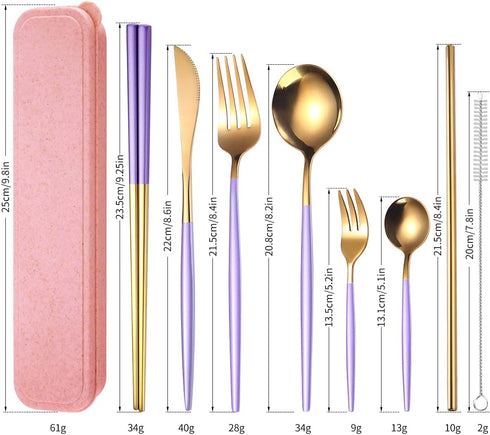 AARAINBOW 8 Pieces Stainless Steel Flatware Set Portable Reusable Cutlery Set Travel Utensils Set Including Chopsticks Knife Fork Spoon Straws Cle...