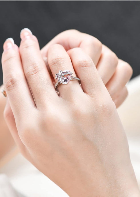 Dainty Cute 925 Silver Pink Heart Shaped Zircon Ring Bow Tie Ring for Women Anniversary Wedding Engagement Ring Promise Rings CZ Diamond Eternity ...