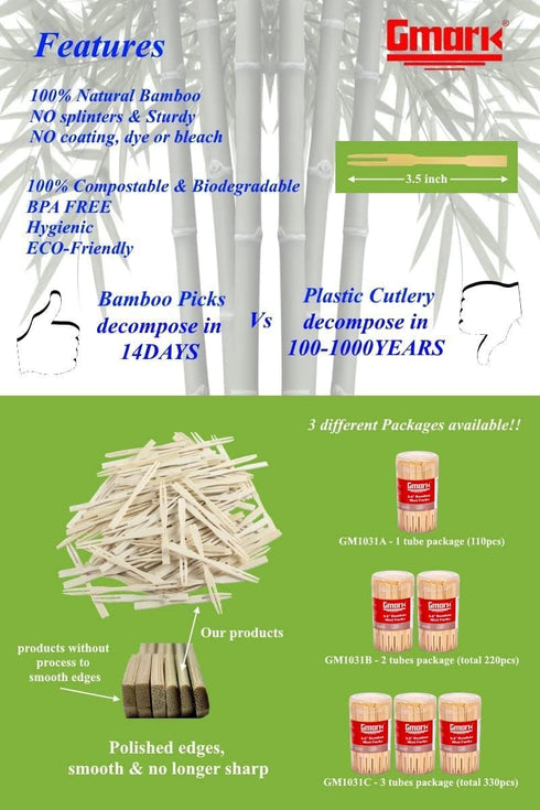 Gmark Bamboo Mini Forks 3.5 Inch 330pc - Bamboo Fruit Picks & Cocktail Forks for Appetizer, Dessert...
