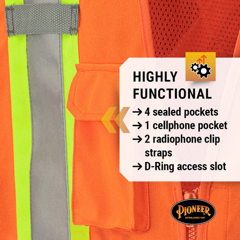 Pioneer Hi Vis Tear-Away Mesh Back Safety Vest for Me - Reflective Tape, 4 Pockets - Construction, Traffic, Security - Orange...