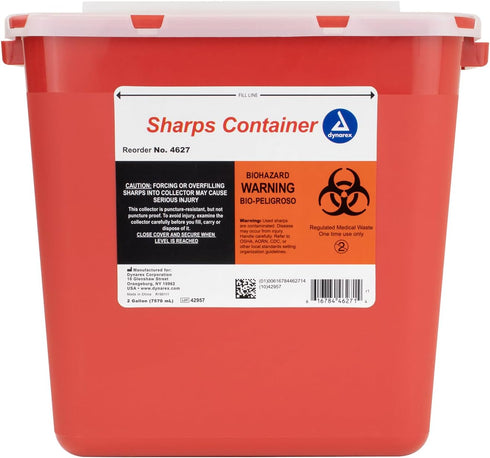 Dynarex Sharps Container, Provides a Safe Disposal of Medical Waste and Needles, Non-Sterile & Latex-Free, 2 Gallons, Made with Thermoplastic, Red...