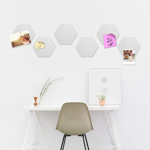 Navaris Hexagon Felt Board Tiles - Set of 6 Notice Memo Bulletin Boards with Push Pins Pack 5.9 x 7 inches (15 x 17.7 cm) - White...