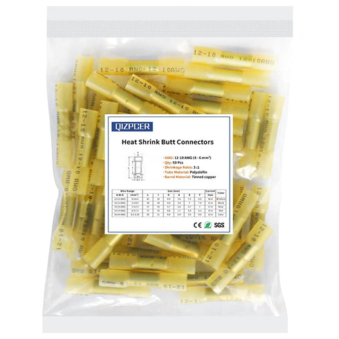 50 Pcs Yellow Heat Shrink Butt Connectors, 12-10 AWG Waterproof Crimp Terminals Electrical Wire Connectors Splice for Marine, Cable, Wiring...