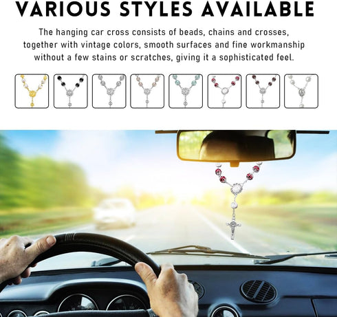Car Rosary for Rearview Mirror, Personalized Auto Rosary Cross Blessing Decors, Rosary Beads Rear View Mirror Pendant Hanging Accessories, Univers...