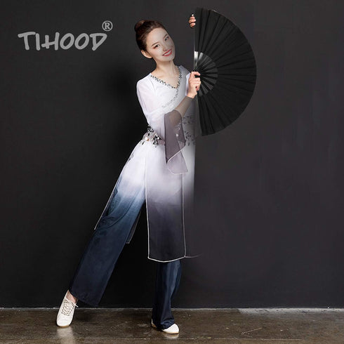TIHOOD 2PCS Large Folding Silk Hand Fans - Chinese Tai Chi Fans for Men and Women Performance, Dance, Decorations, Festival, Gift (Black x2)...