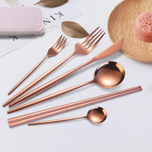AARAINBOW 8 Pieces Stainless Steel Flatware Set Portable Reusable Cutlery Set Travel Utensils Set Including Chopsticks Knife Fork Spoon Straws Cle...