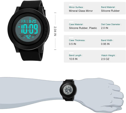 Men's Digital Sports Watch LED Screen Large Face Electronics Military Watches for Men Waterproof Alarm Stopwatch Back Light Outdoor Army Watch...