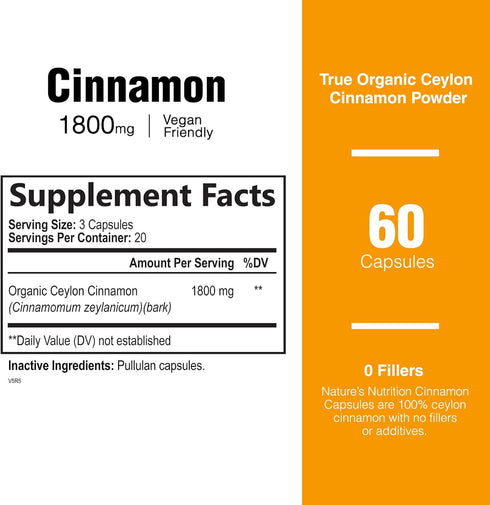 Pure Cinnamon Capsules, Certified Organic Ceylon Cinnamon Pills, Non-GMO, Gluten-Free, Dairy-Free, Sri Lanka Cinnamon Powder Supplement, Best Vega...