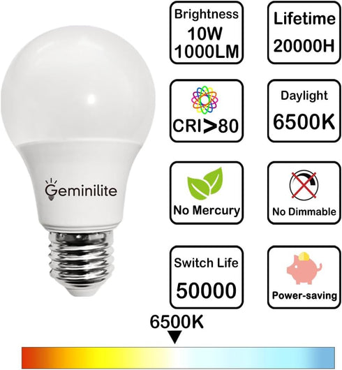A19 LED Light Bulbs 60 Watt Equivalent, E26 Base 6500K Daylight White Standard Light Bulbs, 10W 1000 Lumen, Energy Efficient Non-Dimmable, Pack of...