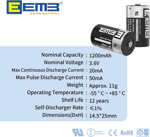 EEMB LS14250 3.6V 1/2 AA Lithium Batteries 1/2AA ER14250 Li-SOCL? Non-Rechargeable Battery 10Pack Replace for SAFT 14250 XL-050F SB-AA02 TL-5902 T...