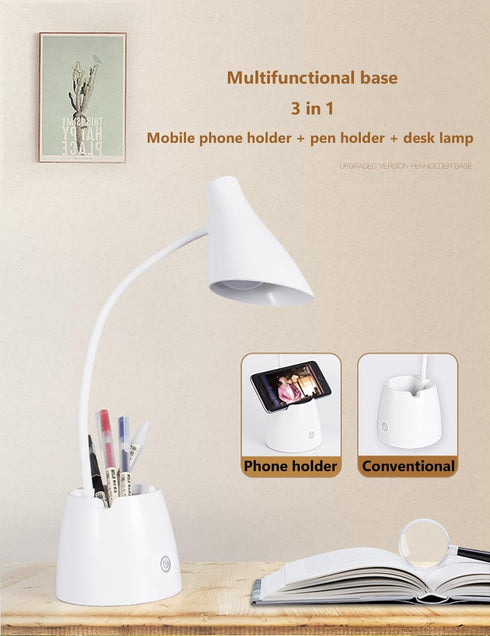 LED Desk Lamp, Desk Light with 3 Light Modes, Stepless Dimming, USB Rechargeable Touch 360 ° Flexible Gooseneck with Pen Holder and Cell Phone Sta...