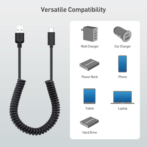 Cable Matters USB to USB C Coiled Cable with 3A/15W Fast Charging 1-4 Feet, Support Apple CarPlay, Android Auto, Coiled USB A to USB C Cable, for ...
